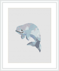 The image showcases a cross stitch pattern of a beluga whale, oriented slightly towards the left and depicted in shades of blue, white, and pale gray. It is set against a solid background, resembling the hues of sea water.