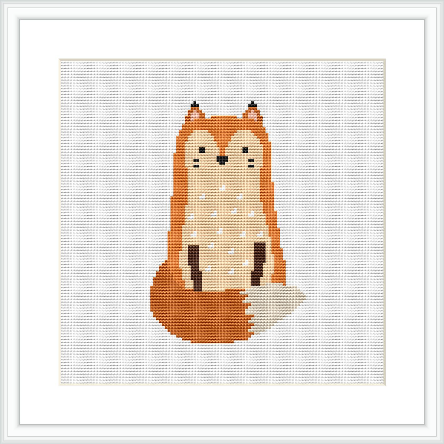 The image features a simplistic, stylized fox-oriented vertically in the center, surrounded by a white background with a grid pattern indicative of cross stitch canvas.