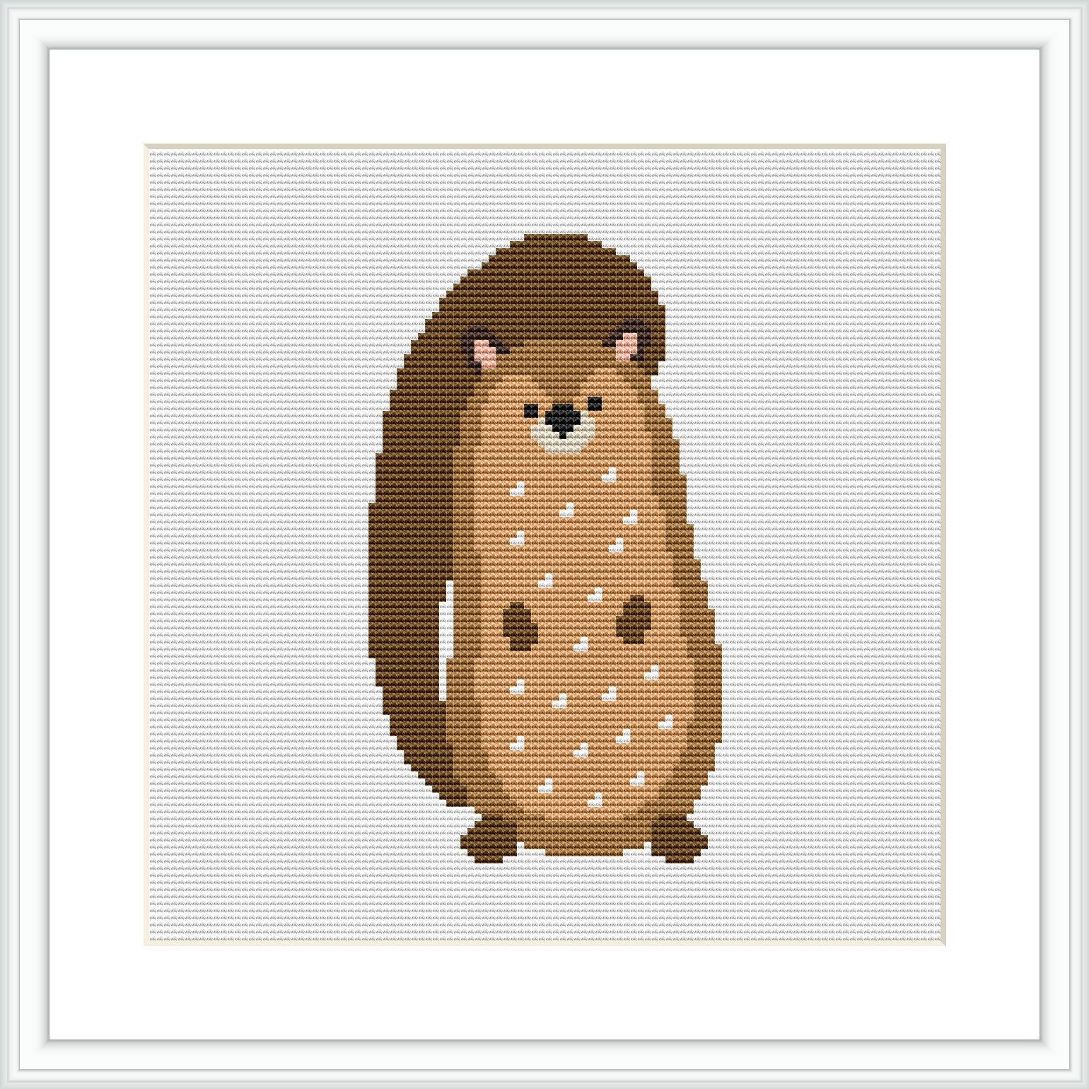 The image shows a framed cross-stitch pattern displaying a cartoon-style squirrel centered on a white background.