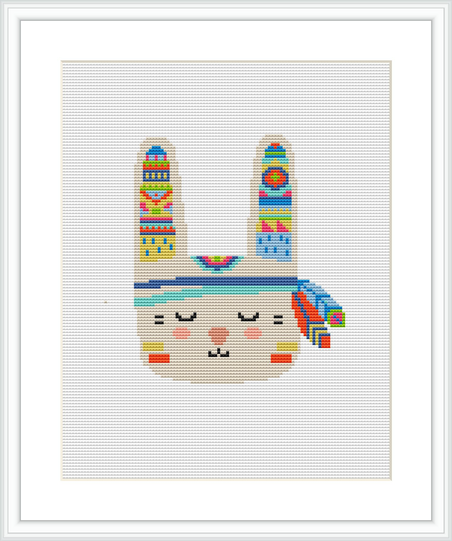 The image displays a framed cross stitch pattern of a stylized rabbit head with tribal decorations against a white background.