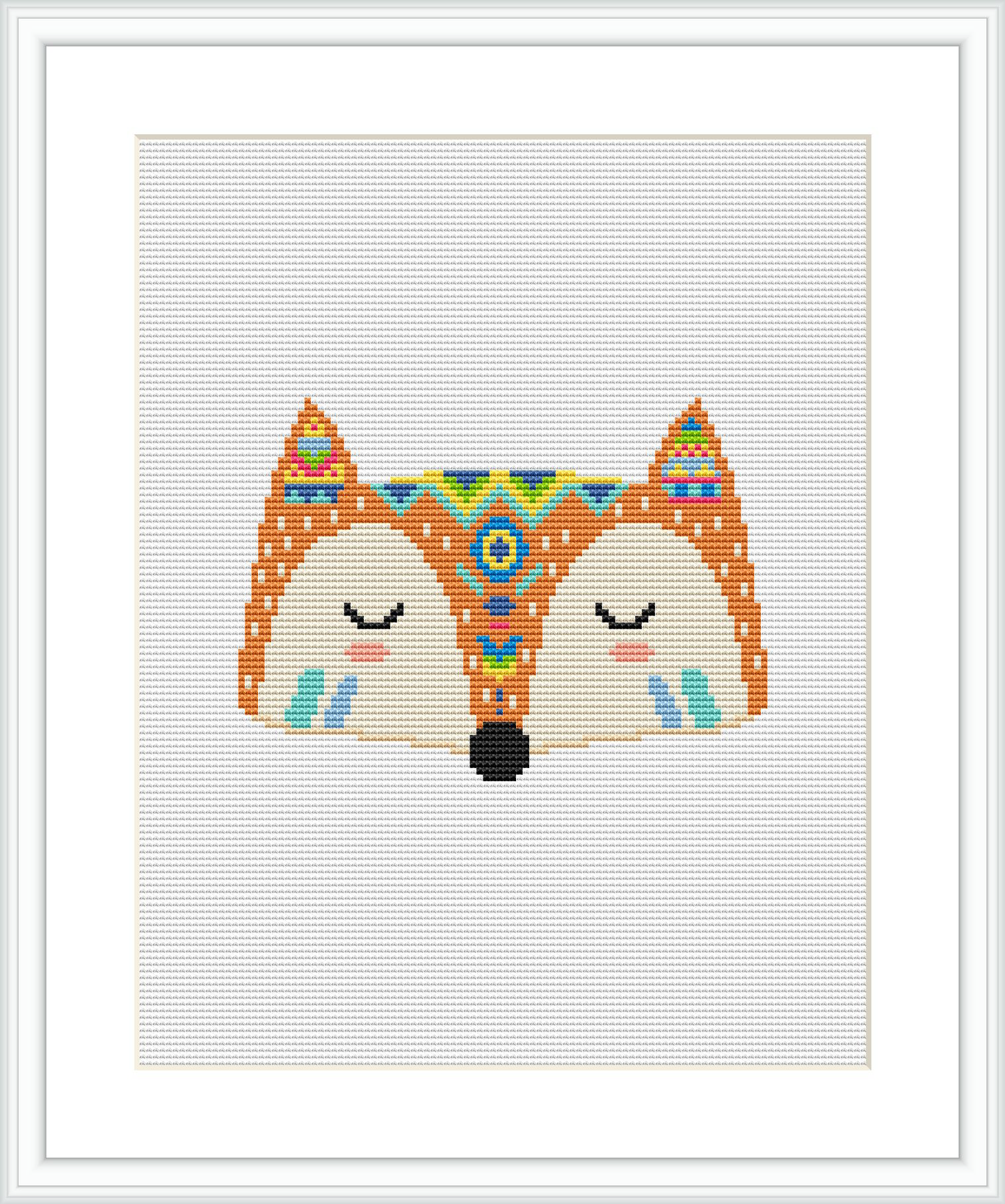 The image depicts a cross stitch design of a stylized fox face with tribal patterns. The design features mirror symmetry, with the fox's eyes closed, centered on a white canvas and framed within a square border.