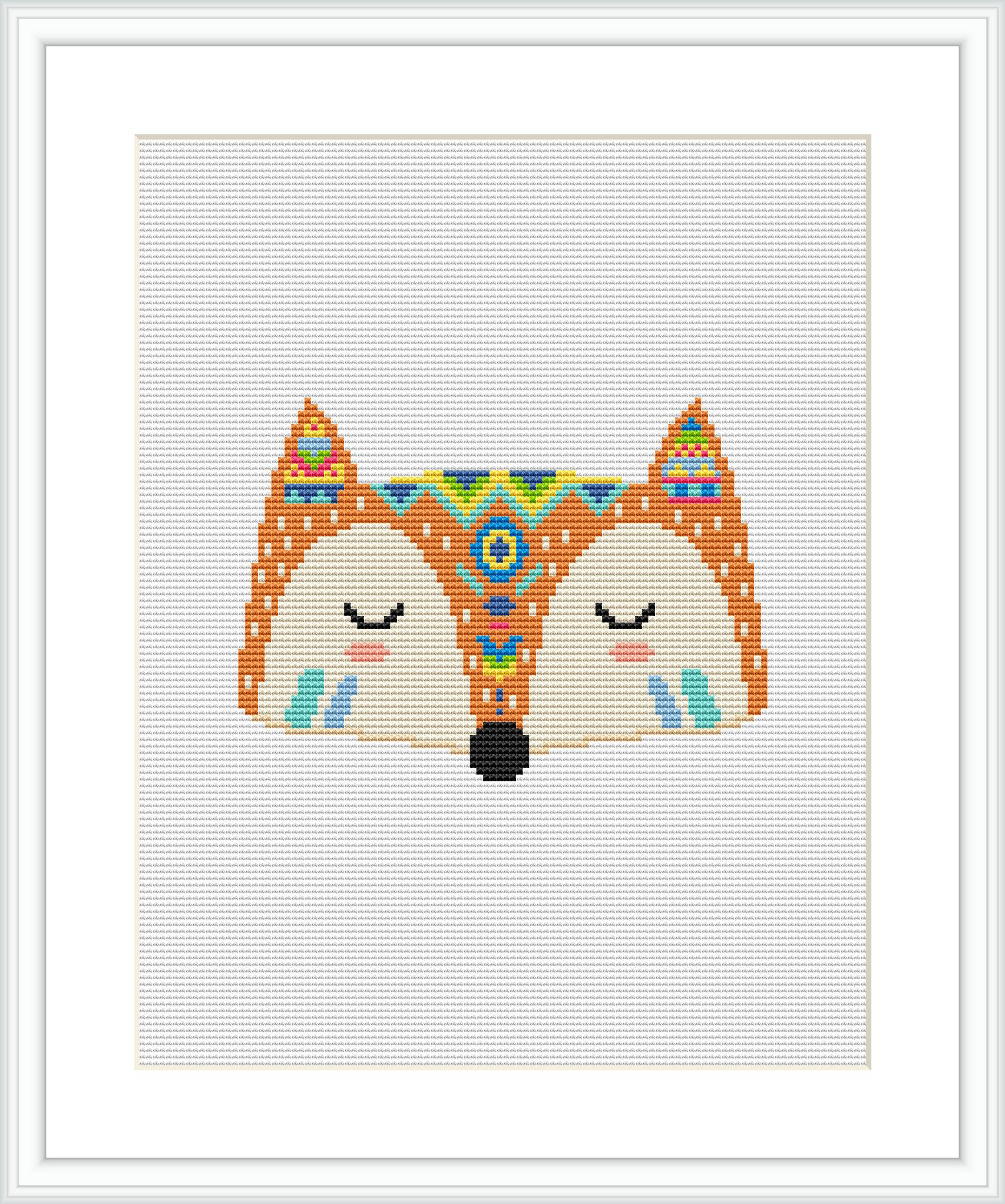 The image depicts a cross stitch design of a stylized fox face with tribal patterns. The design features mirror symmetry, with the fox's eyes closed, centered on a white canvas and framed within a square border.