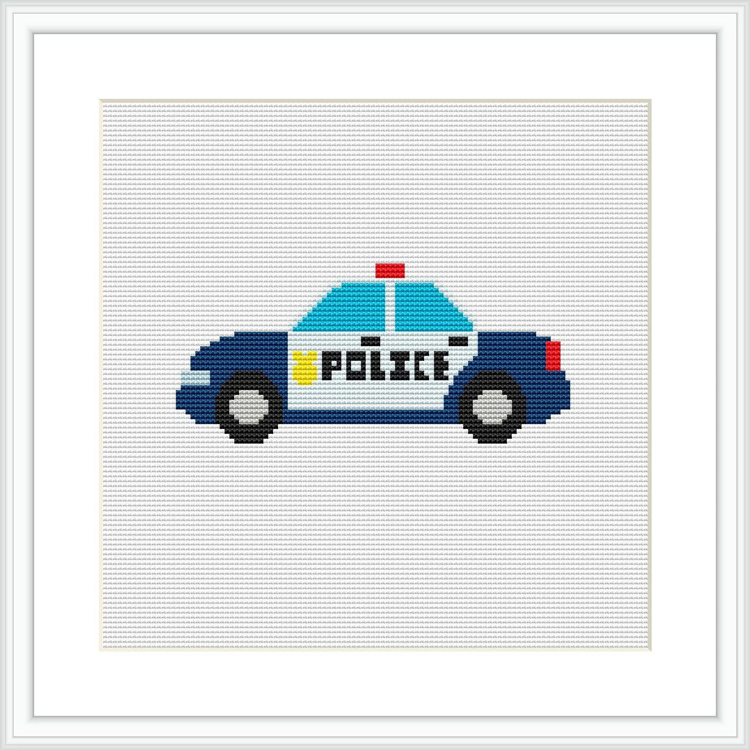 The image features a blue and white police car with the word 'POLICE' prominently displayed on the side. It is centered on the canvas with a clear, simplistic design style, set against a white background.