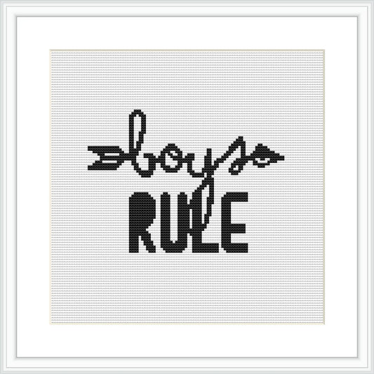 The image features the phrase 'BOYS RULE' stitched in a bold, modern font, with playful elements like a paper plane and a loop embellishing the letter 'B', showcased within a square frame on a white background.