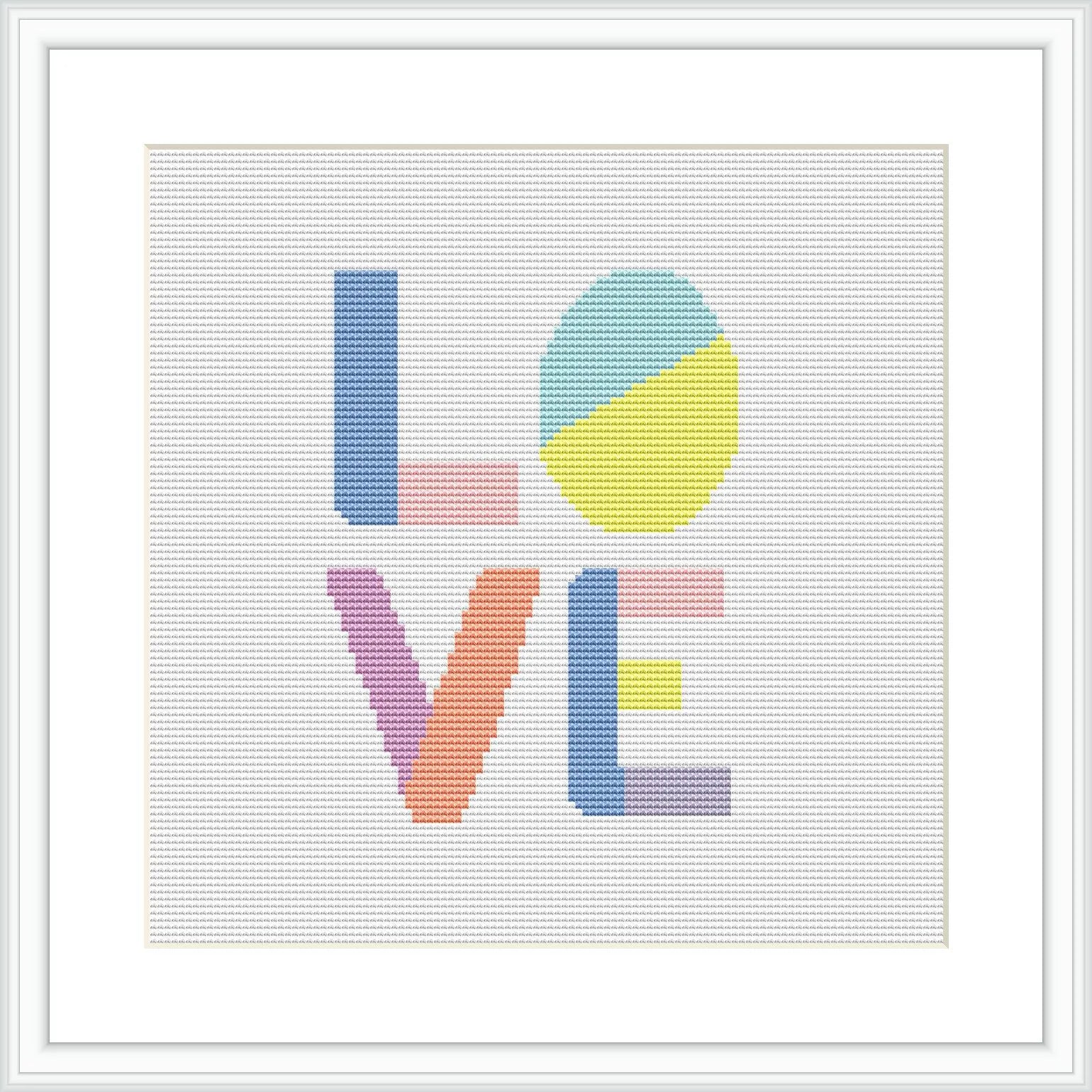 The image shows a framed cross stitch pattern featuring the word 'LOVE' with each letter in a different pastel color and style on a white canvas. The letters are arranged in a two-over-two grid within the square frame.