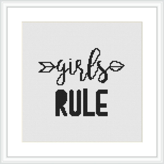 The design features the phrase 'girls RULE' in a bold, minimalist font with a stylized arrow and feather incorporated into the first word. The composition is centered on a square canvas within a simple frame, emphasizing the text's message.