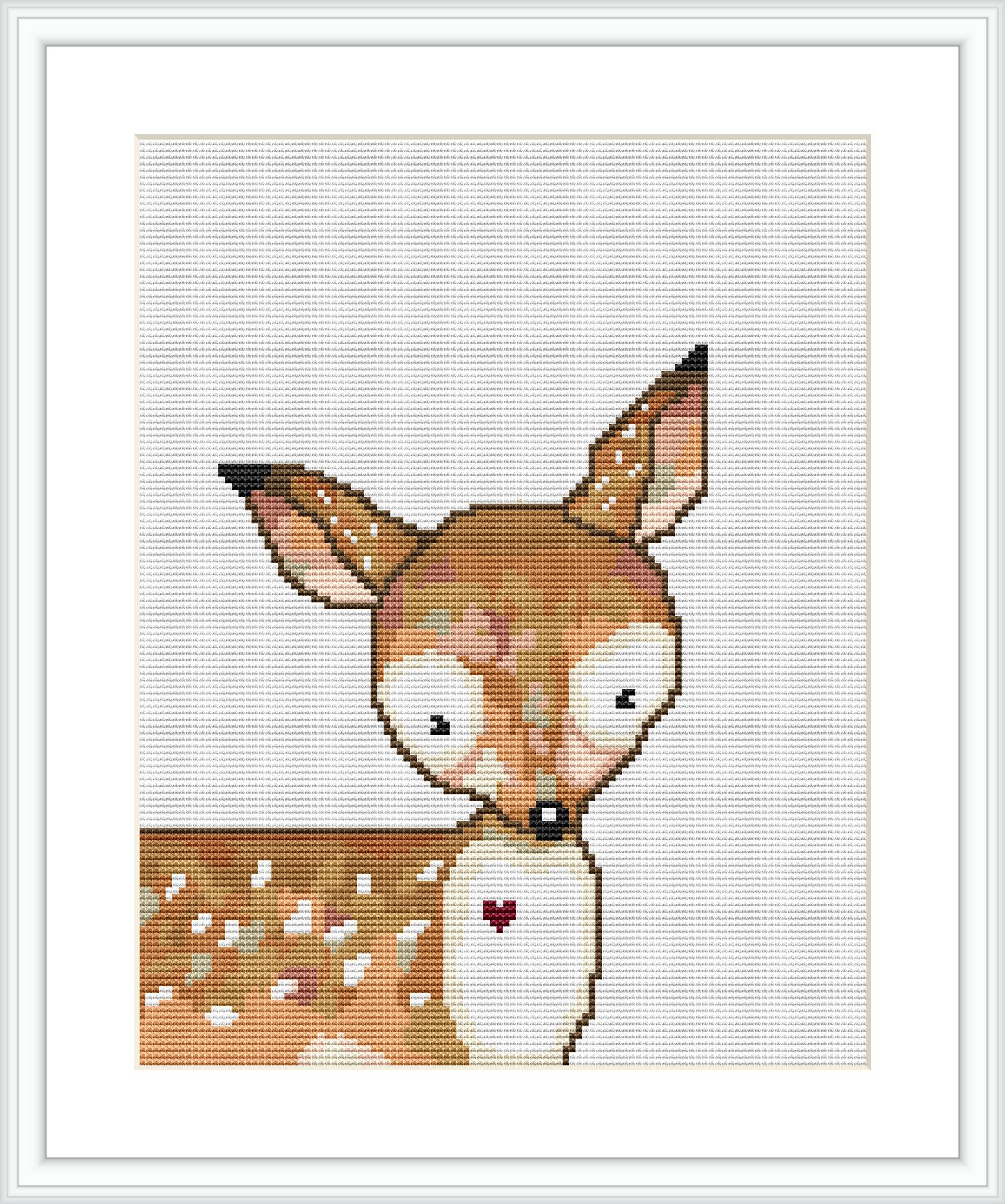 The image shows a cross stitch pattern of a deer designed to mimic a watercolor painting. It's framed against a plain white background, with the deer looking slightly to the side. Its fur is rendered in shades of brown, white and tan, with darker spots and a playful expression.