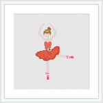 The image depicts a cross stitch pattern of a ballerina in a red dress, posed mid-dance with a flower-like tutu, framed within an 8x8 inch square. The background is embroidered in white, and the figure is outlined with black stitch contours. Additional details include a flower above the dancer's head and ballet shoe accents on the bottom right.