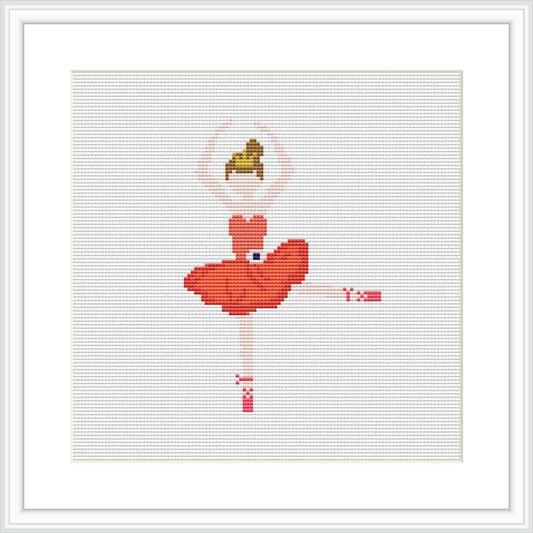 The image depicts a cross stitch pattern of a ballerina in a red dress, posed mid-dance with a flower-like tutu, framed within an 8x8 inch square. The background is embroidered in white, and the figure is outlined with black stitch contours. Additional details include a flower above the dancer's head and ballet shoe accents on the bottom right.