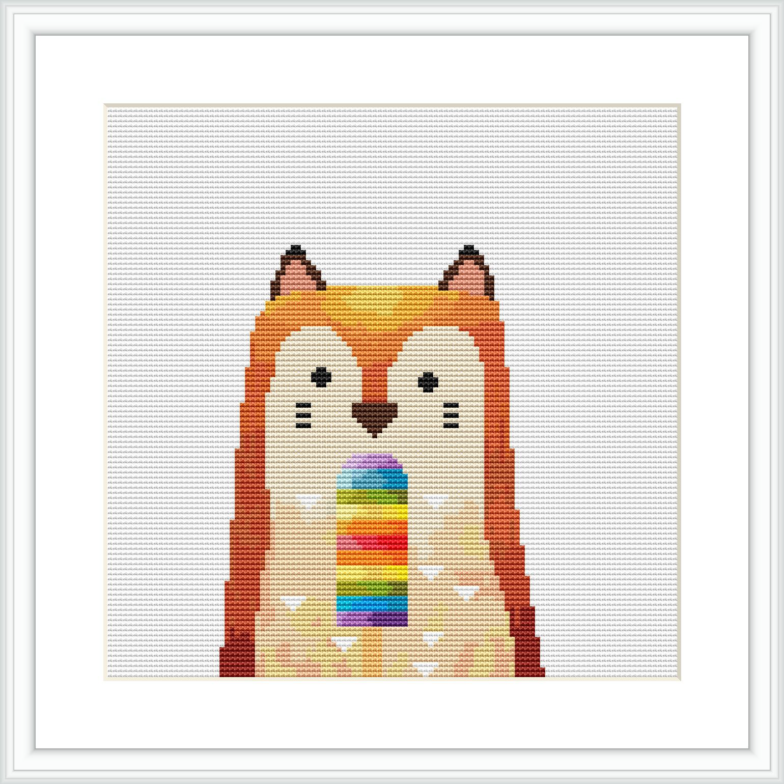 The image depicts a cross stitch pattern of a stylized fox with a whimsical design. The fox is in an upright position, centered on a white background, and features a multicolored pattern on its body.