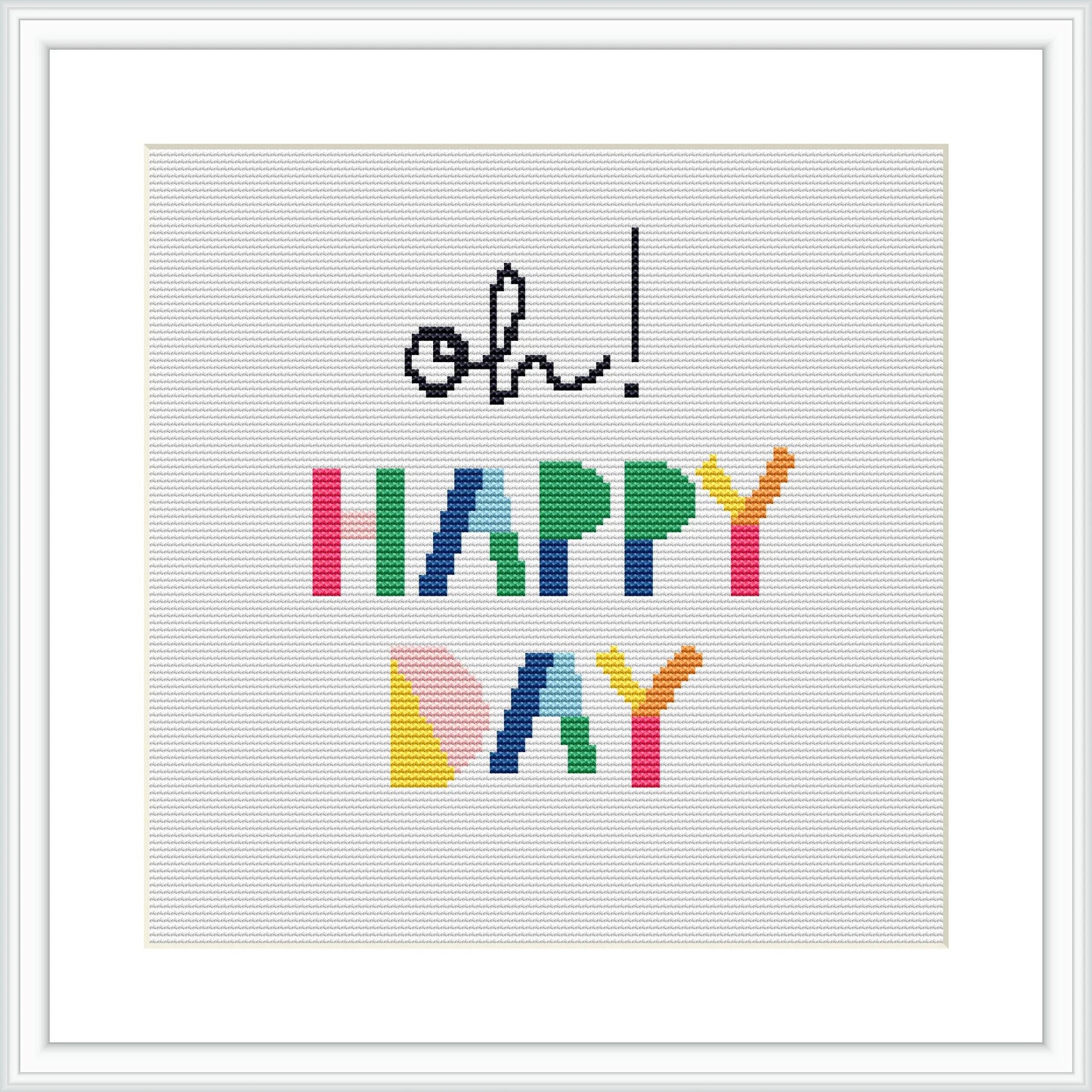 The image shows a framed cross stitch pattern featuring the phrase 'Oh Happy Day' with 'Oh' in cursive black font at the top and 'HAPPY DAY' in colorful block letters below. The pattern is displayed against a white background.