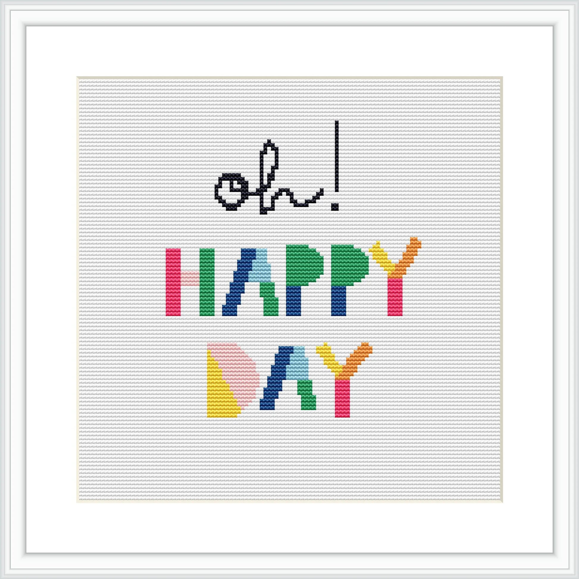 The image shows a framed cross stitch pattern featuring the phrase 'Oh Happy Day' with 'Oh' in cursive black font at the top and 'HAPPY DAY' in colorful block letters below. The pattern is displayed against a white background.