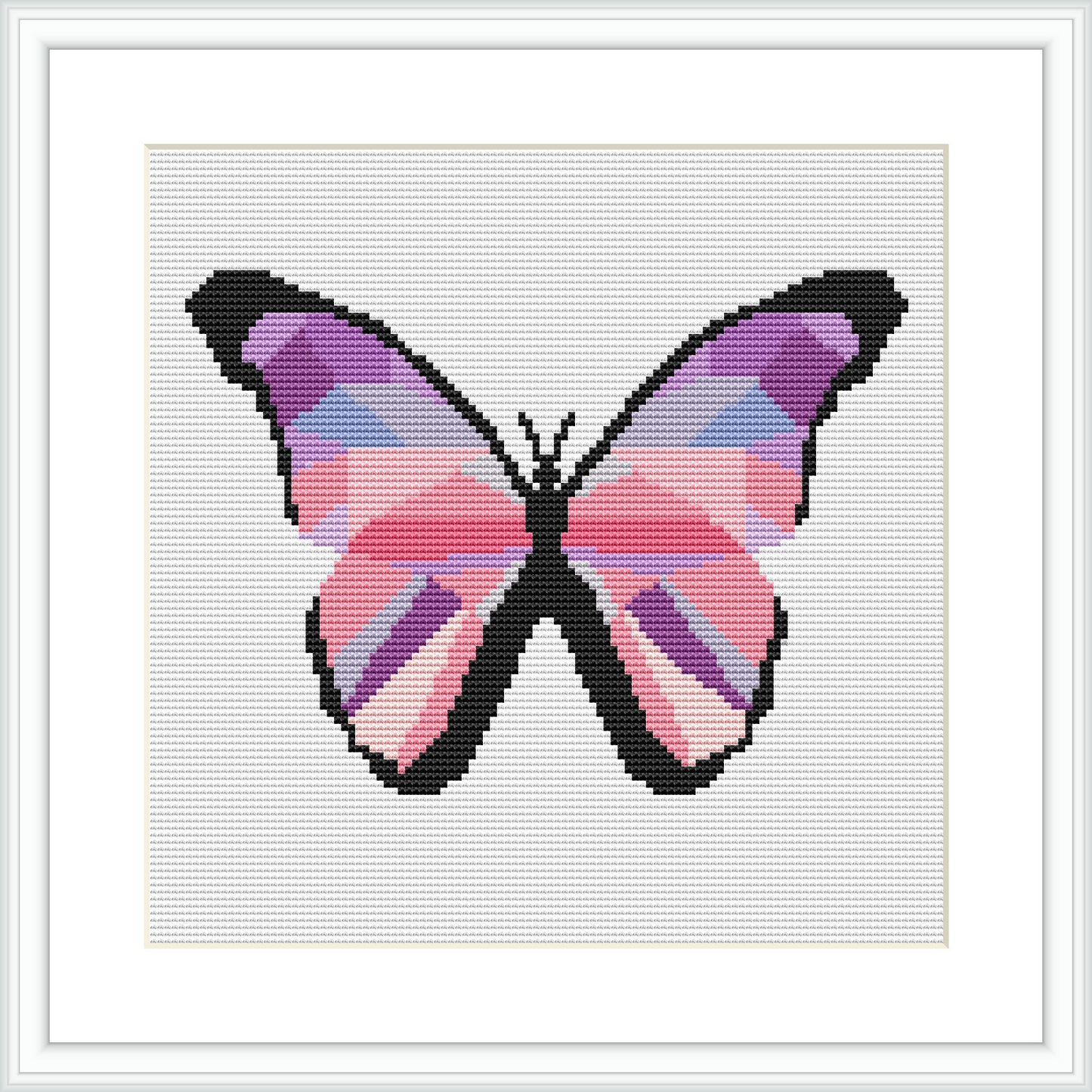 The image depicts a cross stitch pattern design of a symmetrical purple butterfly with a black and white outline, centered on a square piece of fabric framed by a white border.