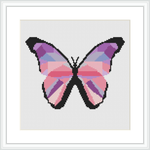 The image depicts a cross stitch pattern design of a symmetrical purple butterfly with a black and white outline, centered on a square piece of fabric framed by a white border.