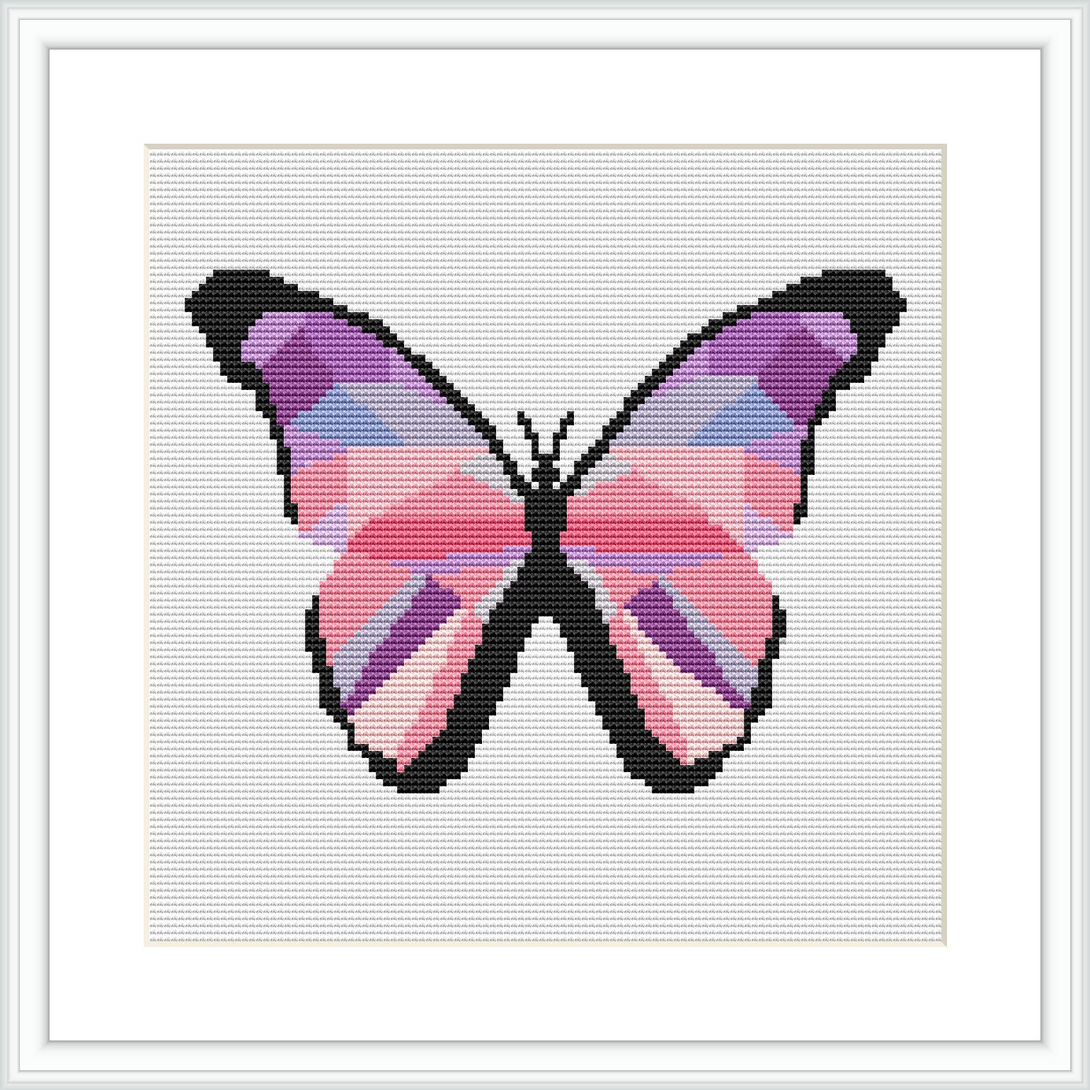 The image depicts a cross stitch pattern design of a symmetrical purple butterfly with a black and white outline, centered on a square piece of fabric framed by a white border.