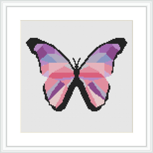 The image depicts a cross stitch pattern design of a symmetrical purple butterfly with a black and white outline, centered on a square piece of fabric framed by a white border.