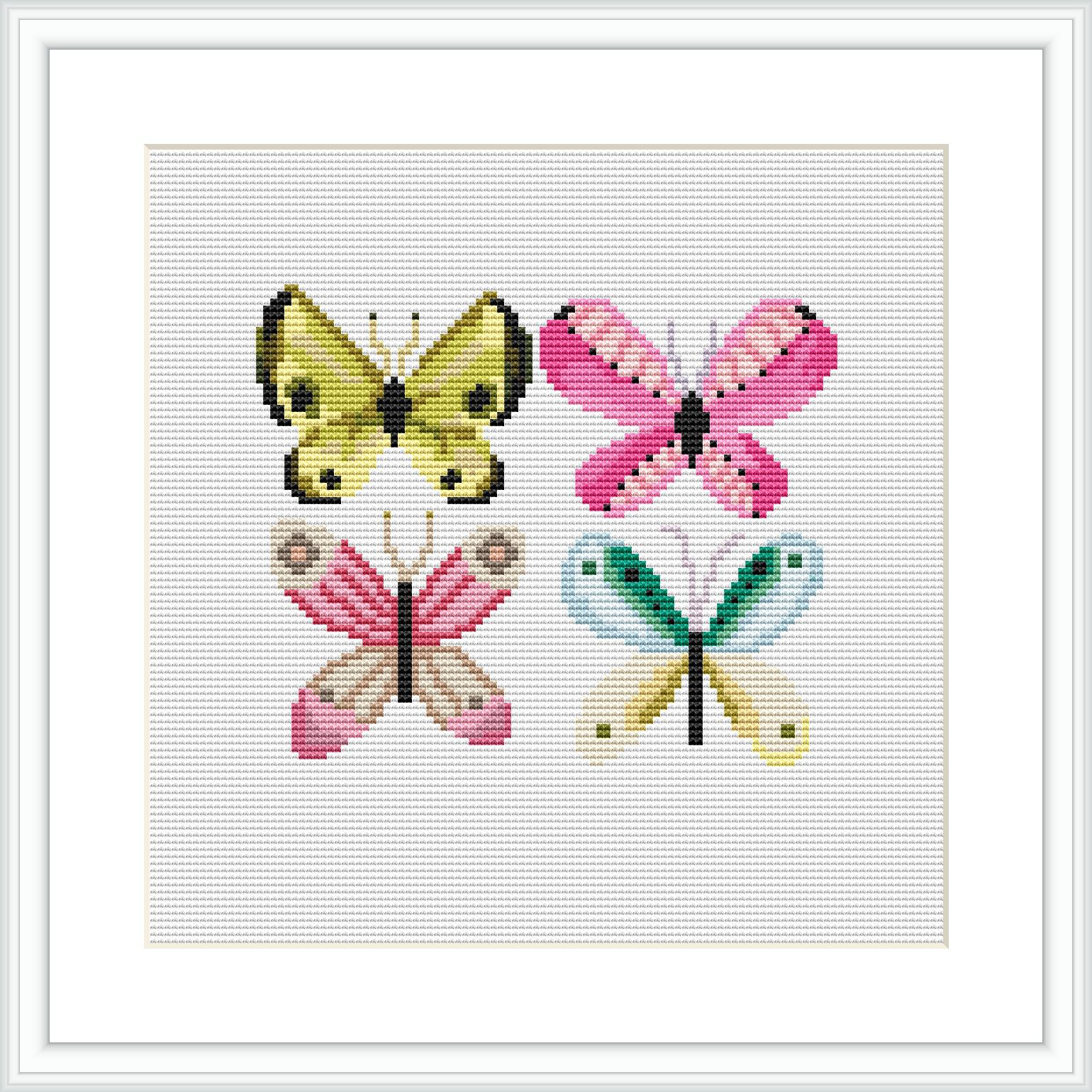 The image presents a framed cross stitch tapestry depicting four distinct butterflies. They are arranged in a two-by-two grid against a plain, lightly speckled background. Each butterfly is stitched in different pastel colors with a slight gradient effect.