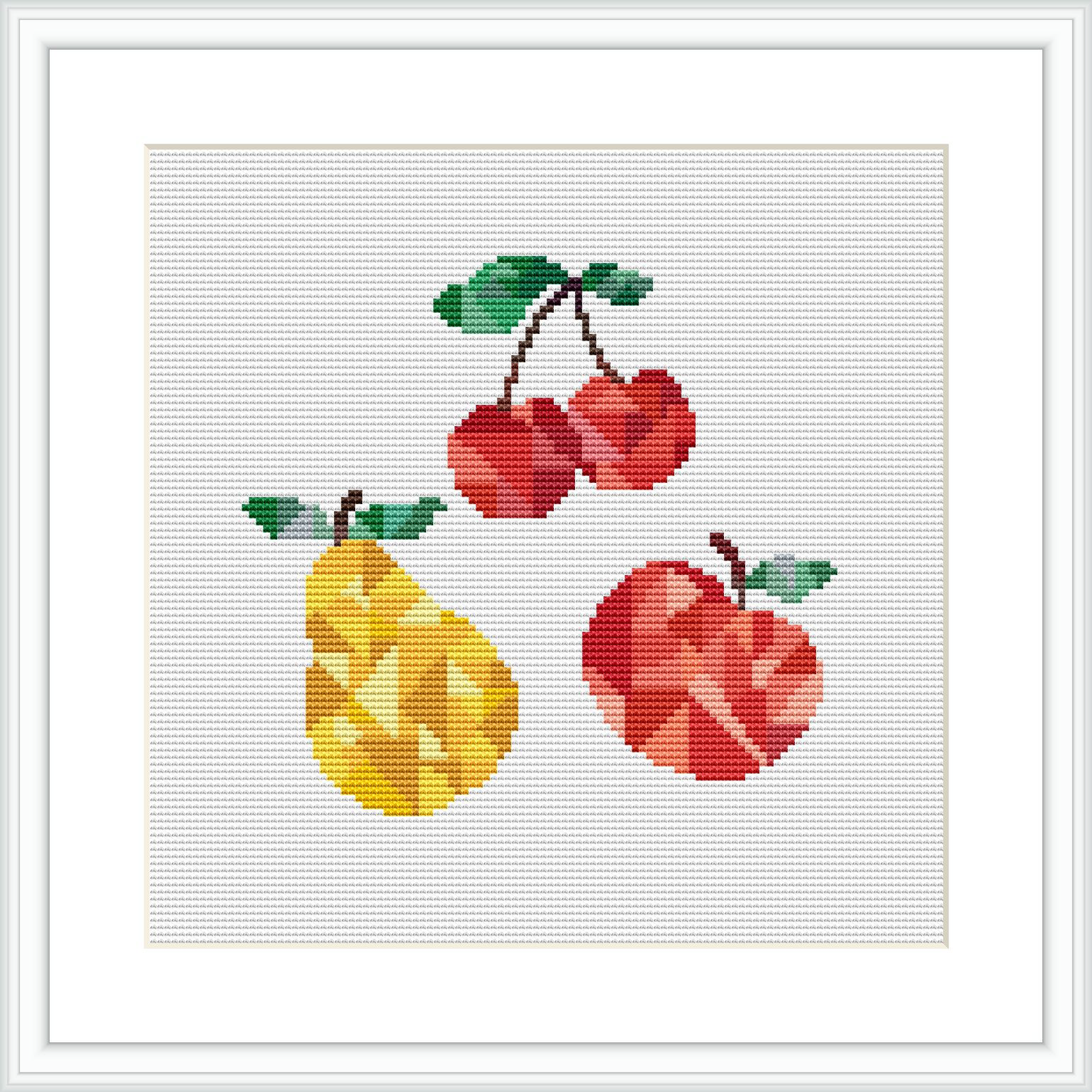 The image features a cross stitch pattern of three pieces of fruit: a pair of cherries, an apple, and a pear. Each fruit is rendered in a low-poly style, using a different set of colored stitches. The fruits are floating against a white background within a simple, square frame.