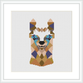 A framed cross stitch pattern of a stylized llama face predominantly in shades of teal, beige, purple, and brown, presented on a white background within a square frame.