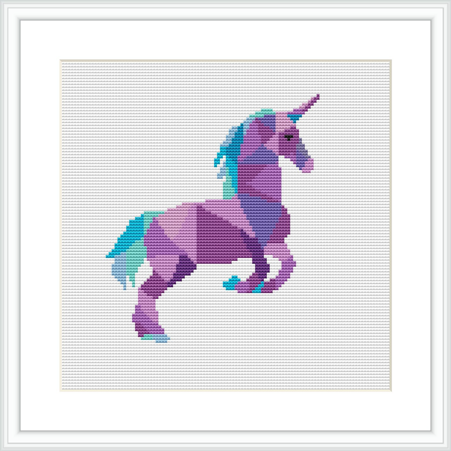 There is a pixelated unicorn depicted in profile with a palette of purples, magentas, and teals, centrally positioned on a white canvas framed within a simple frame.