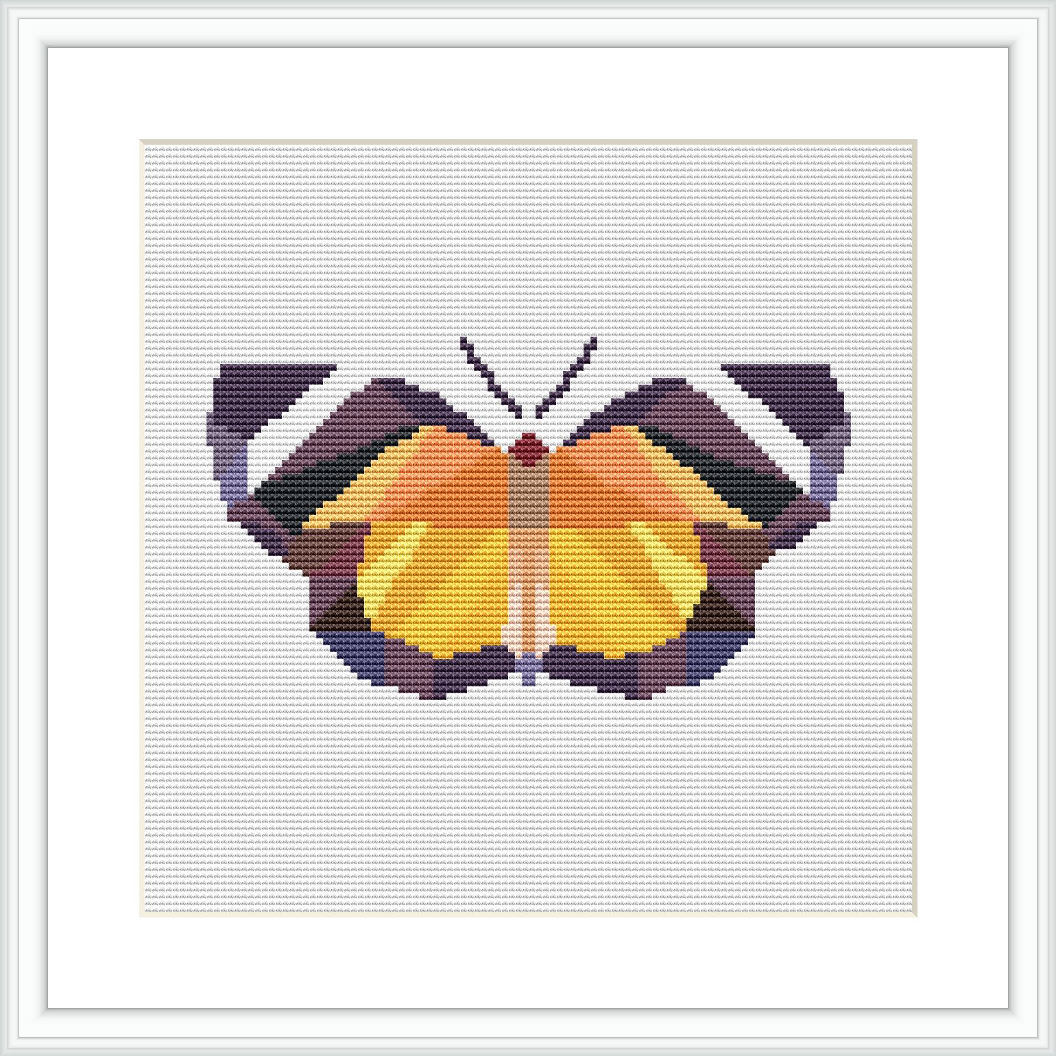 This image shows a completed cross stitch pattern of a monarch butterfly with a mixture of oranges, yellows, and purples, bordered by a simple black frame against a white background.