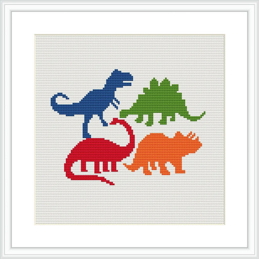 The image displays a cross stitch pattern with three colorful dinosaur figures positioned on a white background. Each dinosaur is a different color and size, with the blue one standing, the green one seemingly in motion, and the red one on all fours.