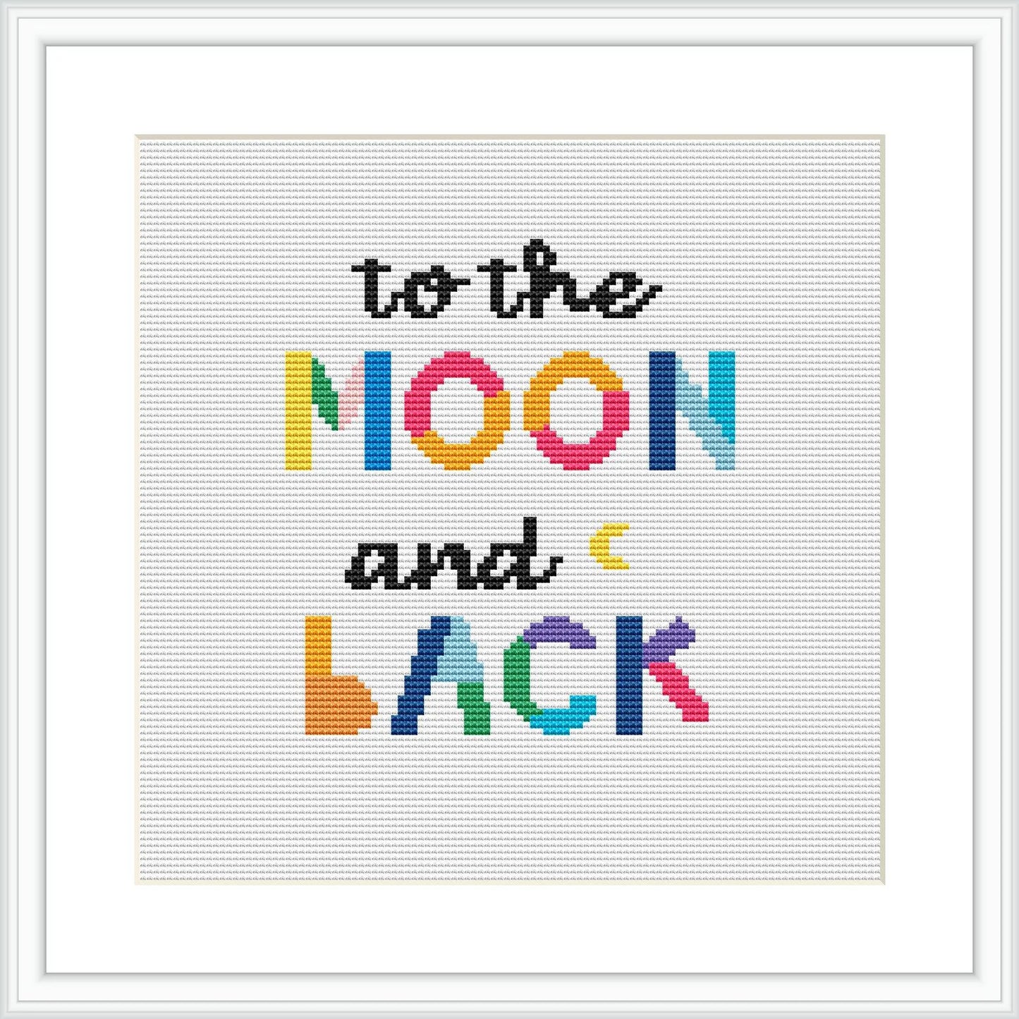 The image shows a framed cross stitch pattern featuring the phrase 'to the MOON and & BACK' in block letters. Each letter has a different vibrant color. The background is plain white.