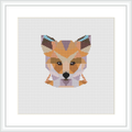 The image depicts a cross stitch pattern of a stylized fox head designed with geometric shapes and placed centrally on a white canvas within a square frame.