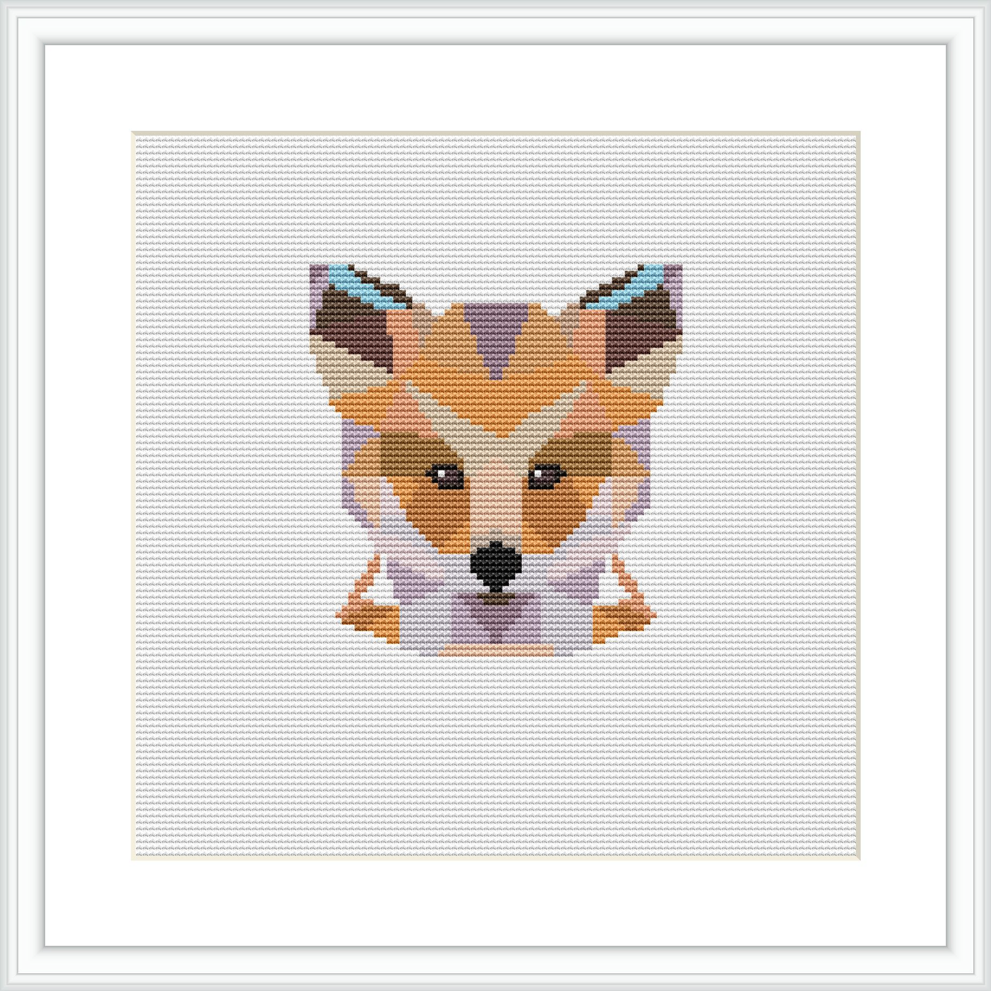 The image depicts a cross stitch pattern of a stylized fox head designed with geometric shapes and placed centrally on a white canvas within a square frame.