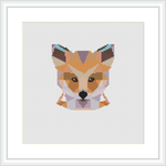 The image depicts a cross stitch pattern of a stylized fox head designed with geometric shapes and placed centrally on a white canvas within a square frame.