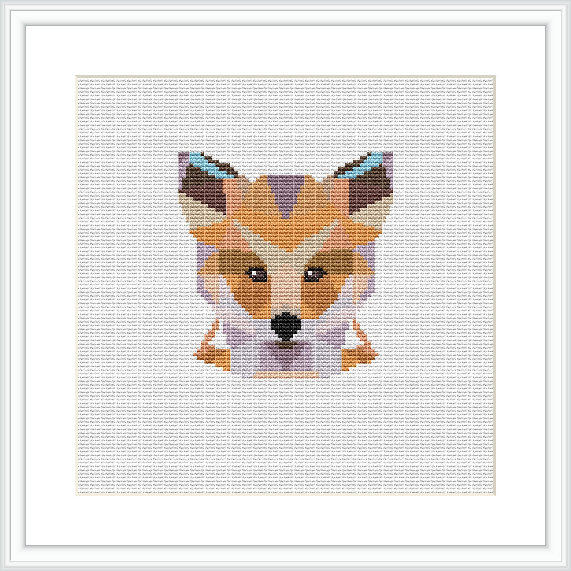 The image depicts a cross stitch pattern of a stylized fox head designed with geometric shapes and placed centrally on a white canvas within a square frame.