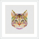 The image displays a framed cross stitch pattern of a cat's face, composed of various geometric shapes and colorful patterns, centered on a white canvas.