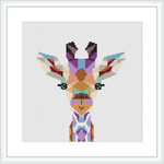 The image presents a framed cross stitch pattern of a giraffe's head with a geometric design, primarily in pastel tones, displayed against a plain white background.