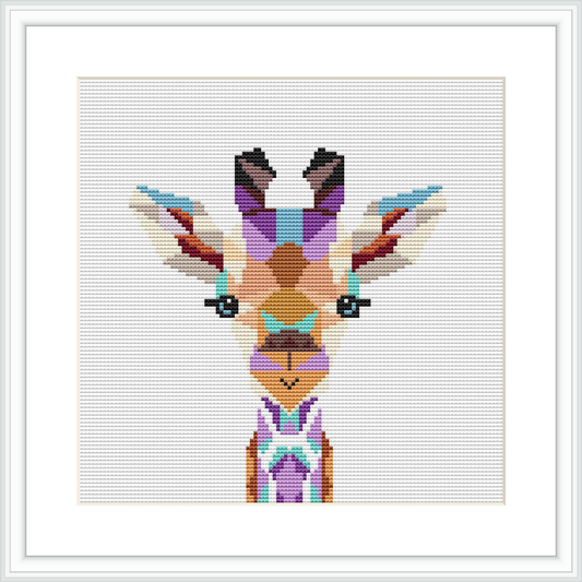 The image presents a framed cross stitch pattern of a giraffe's head with a geometric design, primarily in pastel tones, displayed against a plain white background.