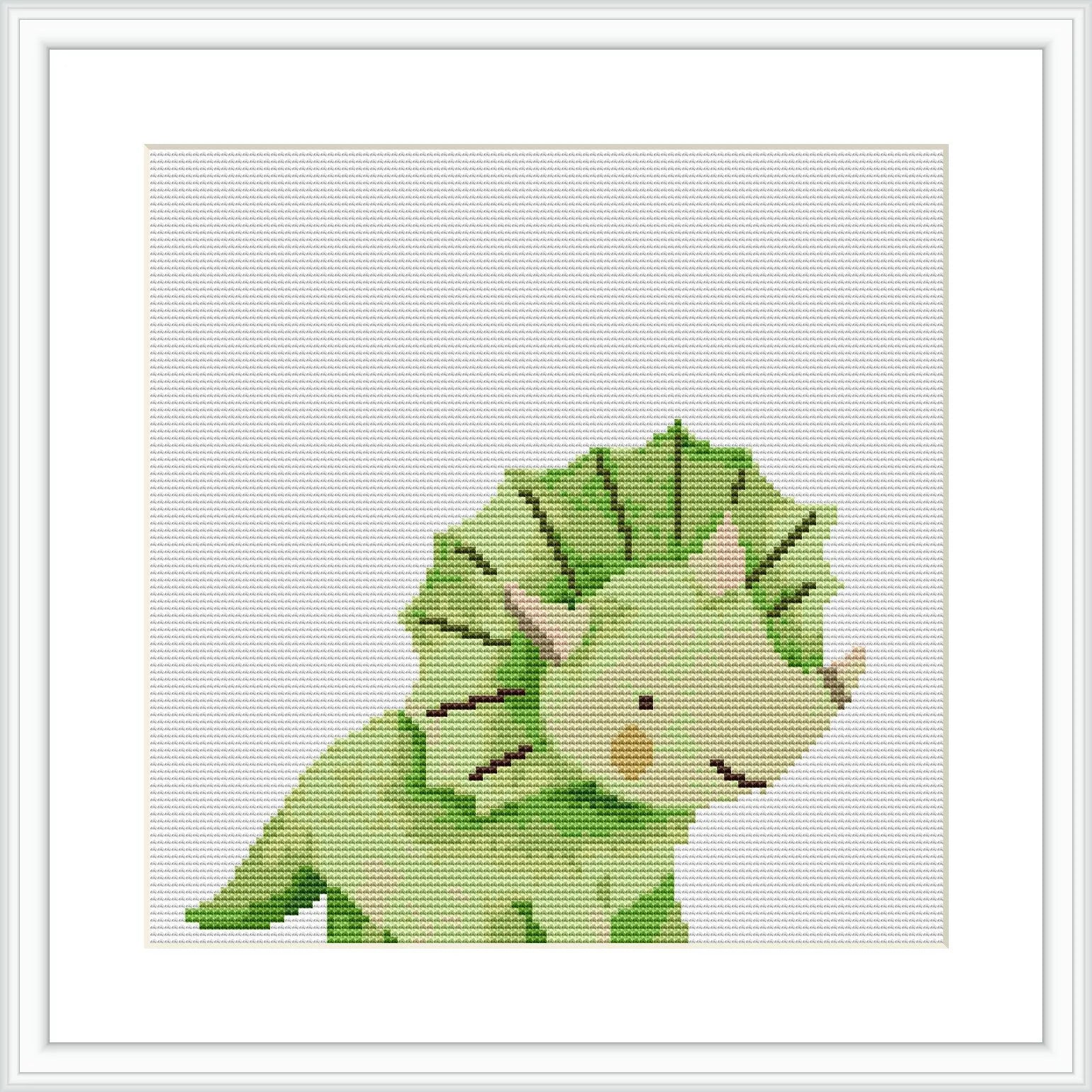 The image displays a cross stitch pattern of a green dinosaur with a pale yellow underbelly. Its eyes are closed, suggesting a serene or sleepy expression. The dinosaur is set against a white background within a framed canvas.