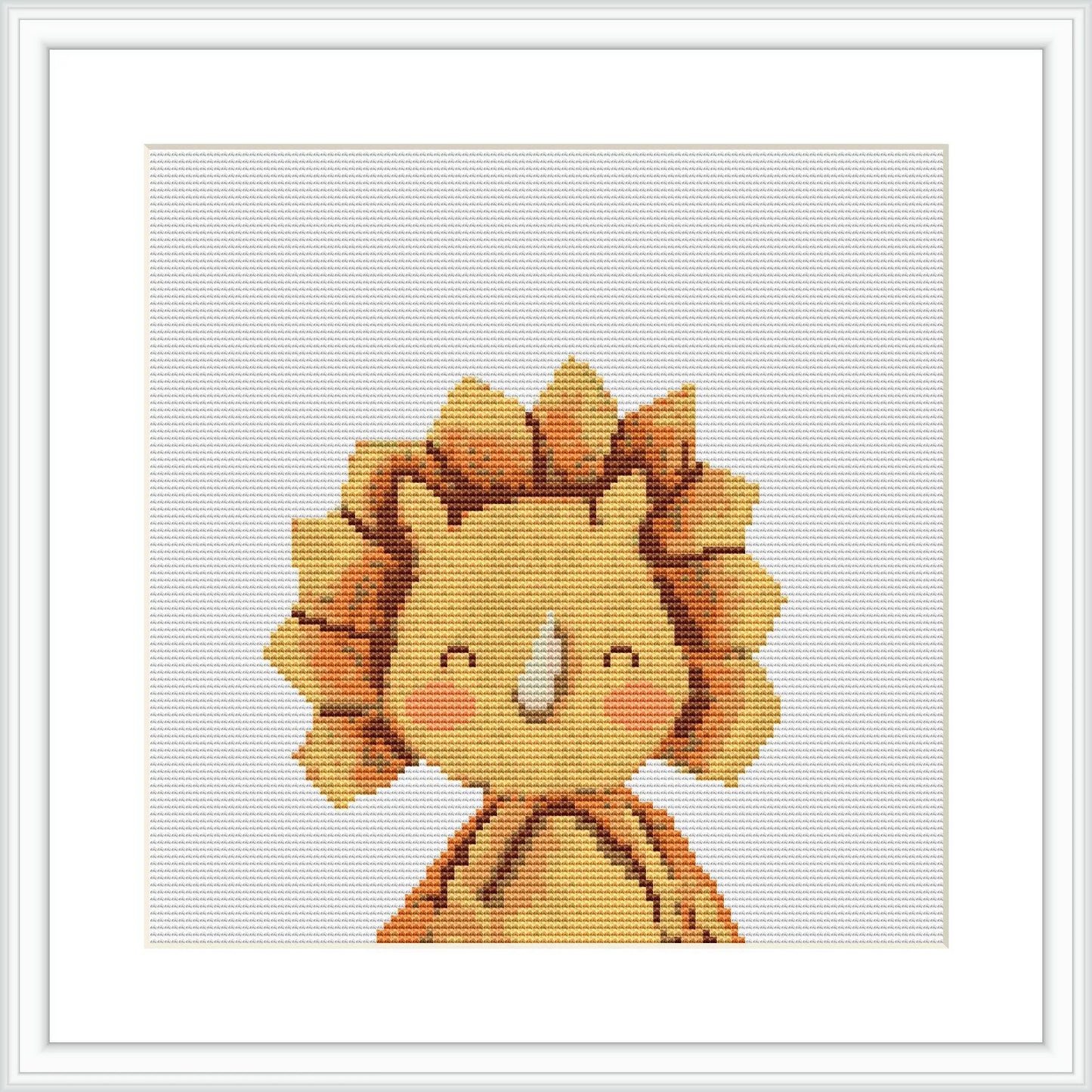 The image displays a framed cross stitch pattern of a friendly cartoon-style dinosaur on a white background. The dinosaur has a round body, is standing upright and has a gentle, closed-eye smile. It is centered within the frame.