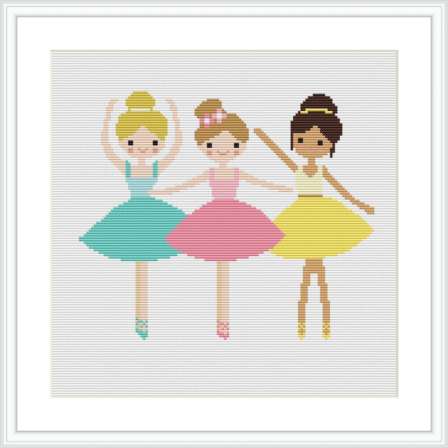 The image portrays three ballerinas side by side, each in a different colored dress (mint green, pink, and yellow) and ballet shoes, against a white background with a shadow effect at their feet, suggesting a light source above.