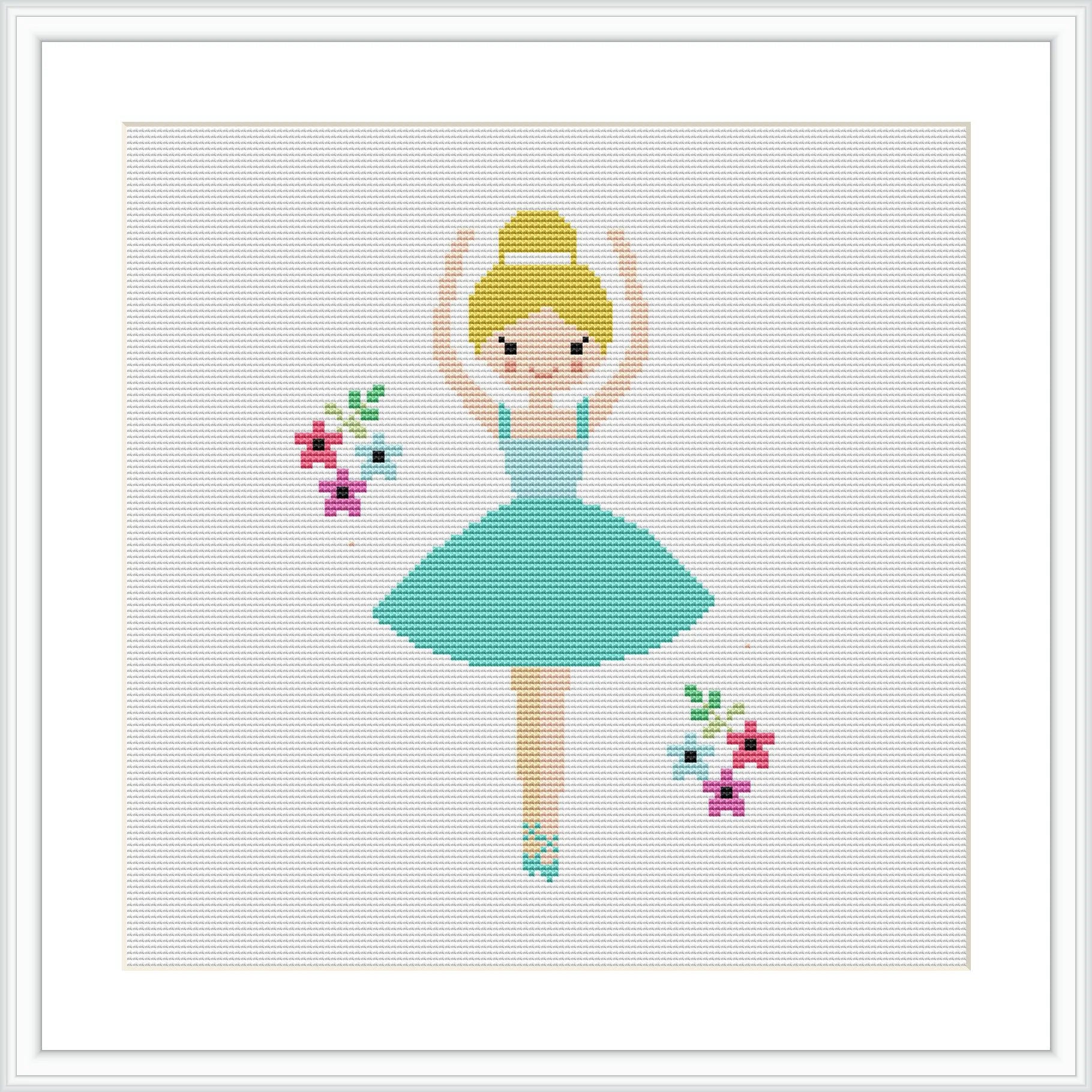 The image depicts a simplistic, stylized cross stitch design of a ballerina wearing a blue dress and a hat, standing en pointe with arms gracefully raised. The ballerina is centered on a white background with sparse, colorful floral motifs scattered around her.