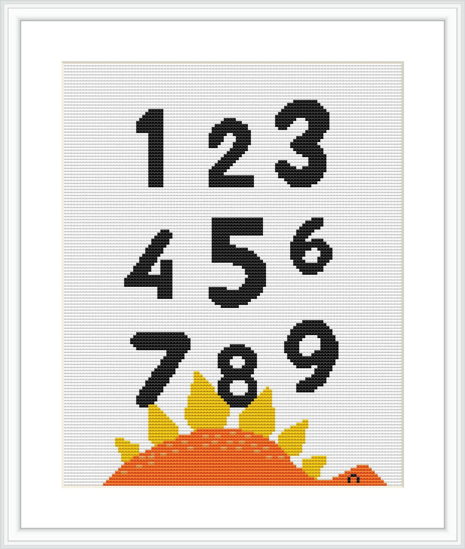 The image displays a cross stitch pattern with numbers 1 through 9 arranged vertically in three columns against a white background. At the bottom, a portion of an orange dinosaur with yellow spikes is visible, suggesting the numbers are sitting on its back.