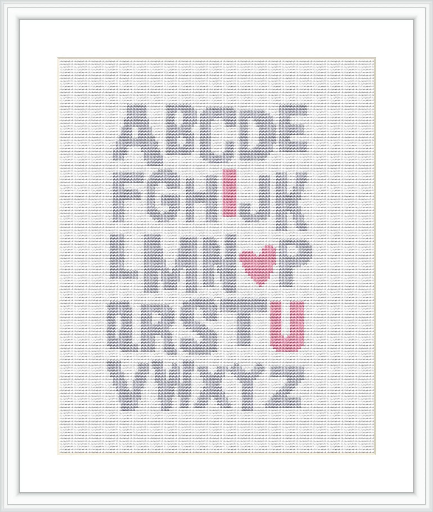 A cross stitch pattern featuring the uppercase English alphabet where specific letters are highlighted to read 'I LOVE YOU' with a heart symbol substituting for the letter 'O'. The letters are arranged in a neat grid with alternating colors in pink and gray against a white background.