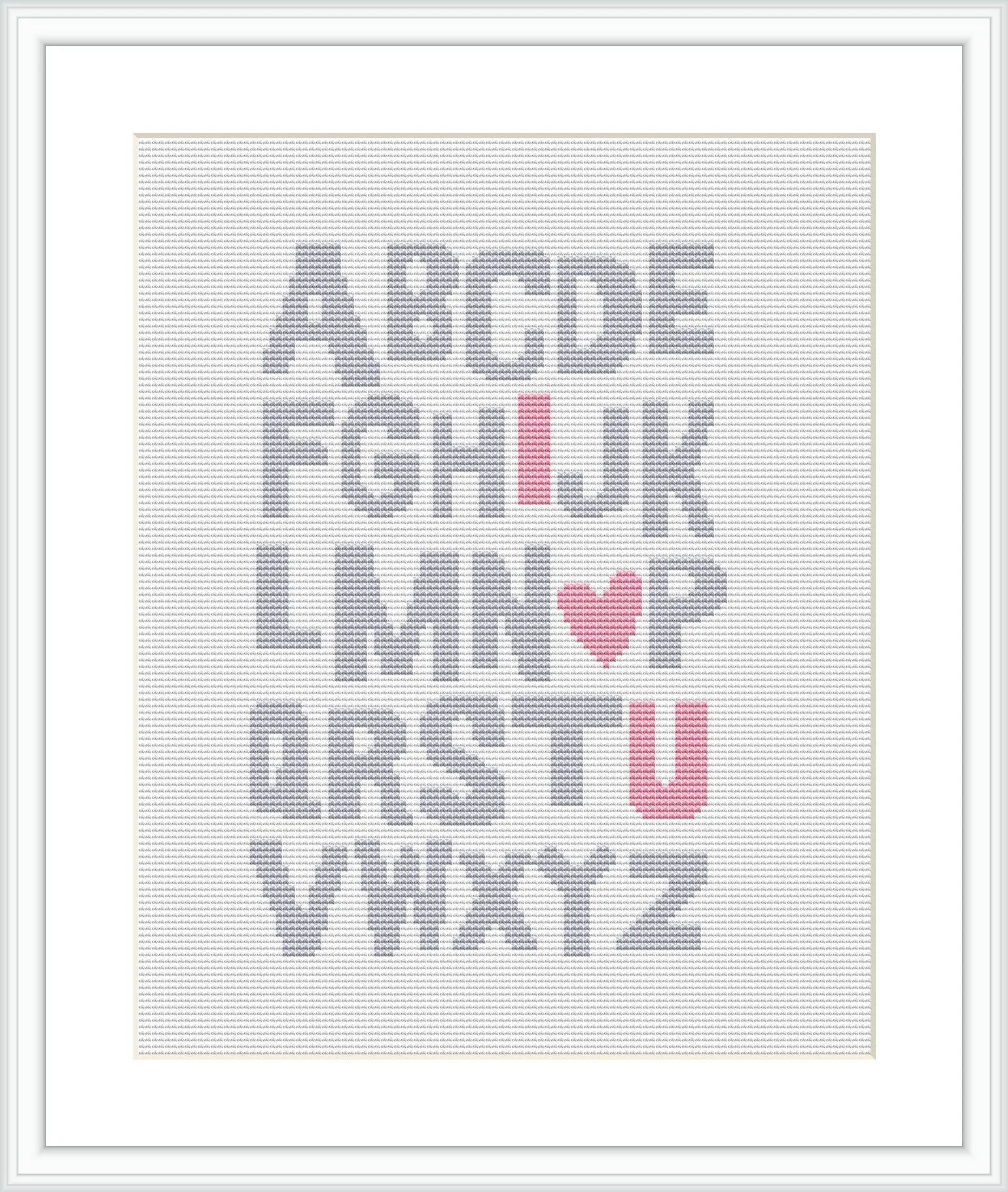 A cross stitch pattern featuring the uppercase English alphabet where specific letters are highlighted to read 'I LOVE YOU' with a heart symbol substituting for the letter 'O'. The letters are arranged in a neat grid with alternating colors in pink and gray against a white background.