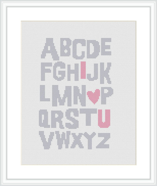 A cross stitch pattern featuring the uppercase English alphabet where specific letters are highlighted to read 'I LOVE YOU' with a heart symbol substituting for the letter 'O'. The letters are arranged in a neat grid with alternating colors in pink and gray against a white background.