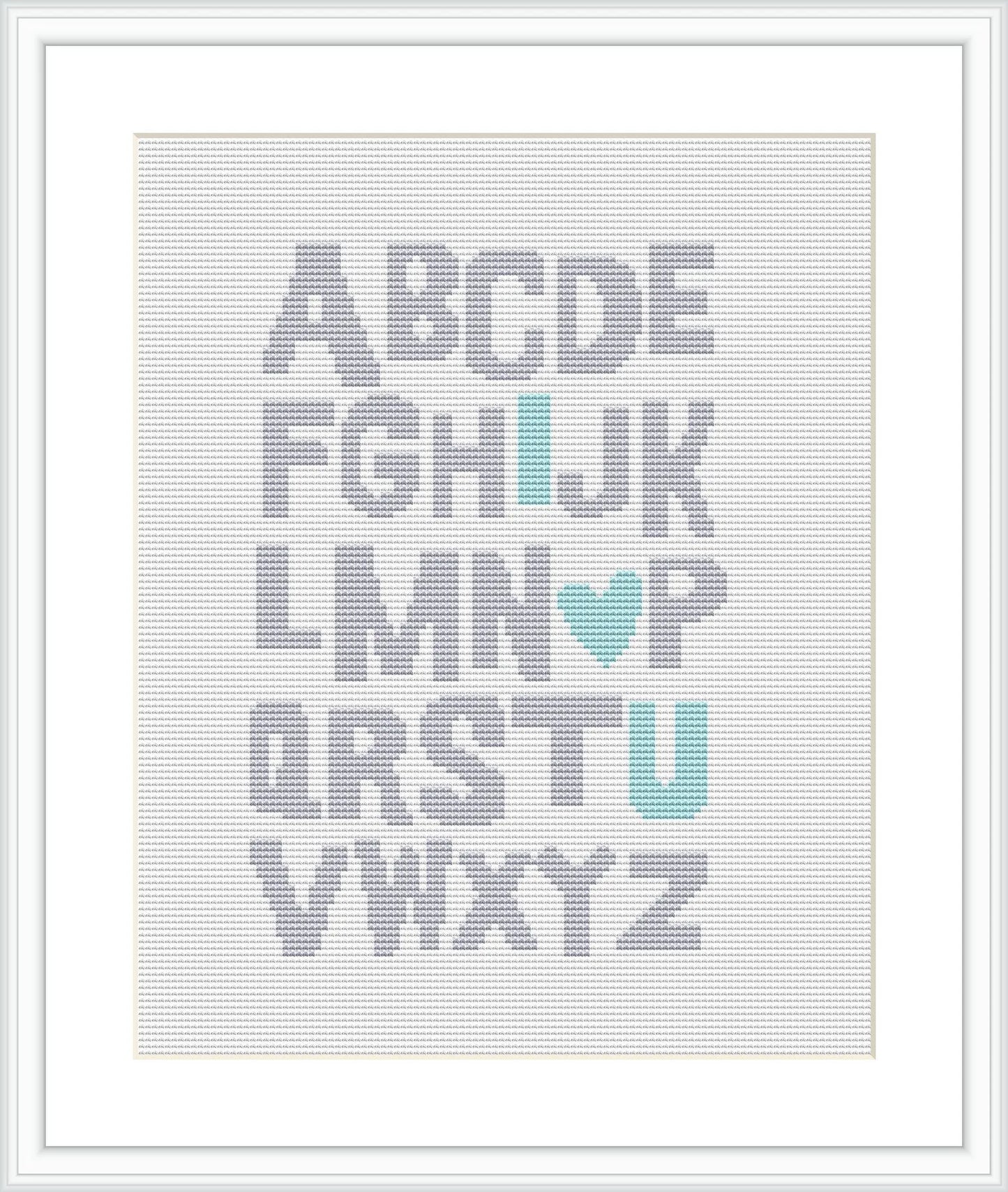 The image depicts a framed cross stitch pattern showing a simple alphabet design where the letters 'I' and 'U' are distinguished in a mint green color, and a heart shape replaces the letter 'O', also in mint green. The background is white and the letters are in a soft grey.