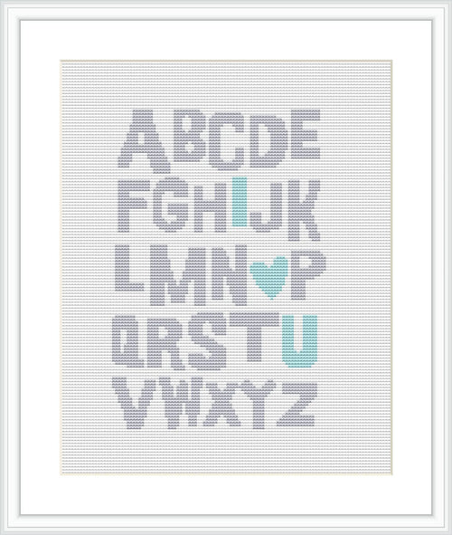 The image depicts a framed cross stitch pattern showing a simple alphabet design where the letters 'I' and 'U' are distinguished in a mint green color, and a heart shape replaces the letter 'O', also in mint green. The background is white and the letters are in a soft grey.