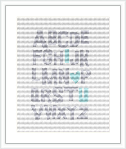 The image depicts a framed cross stitch pattern showing a simple alphabet design where the letters 'I' and 'U' are distinguished in a mint green color, and a heart shape replaces the letter 'O', also in mint green. The background is white and the letters are in a soft grey.