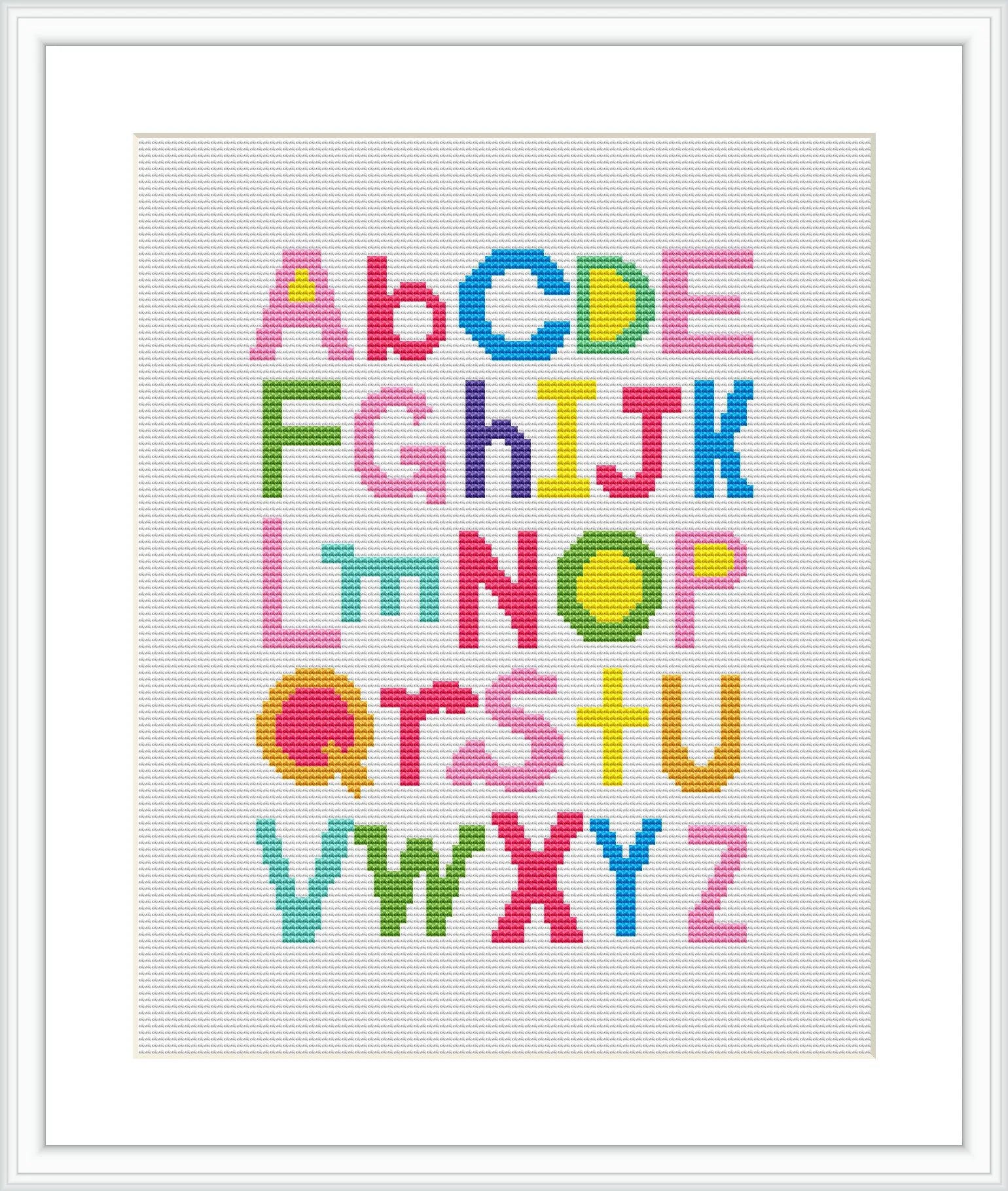 The image displays a cross stitch pattern of the English alphabet where each letter is stitched in a different and vibrant color. The letters are styled in block fonts with varying designs and are arranged in alphabetical order across the canvas. The pattern is framed with a simple white border.