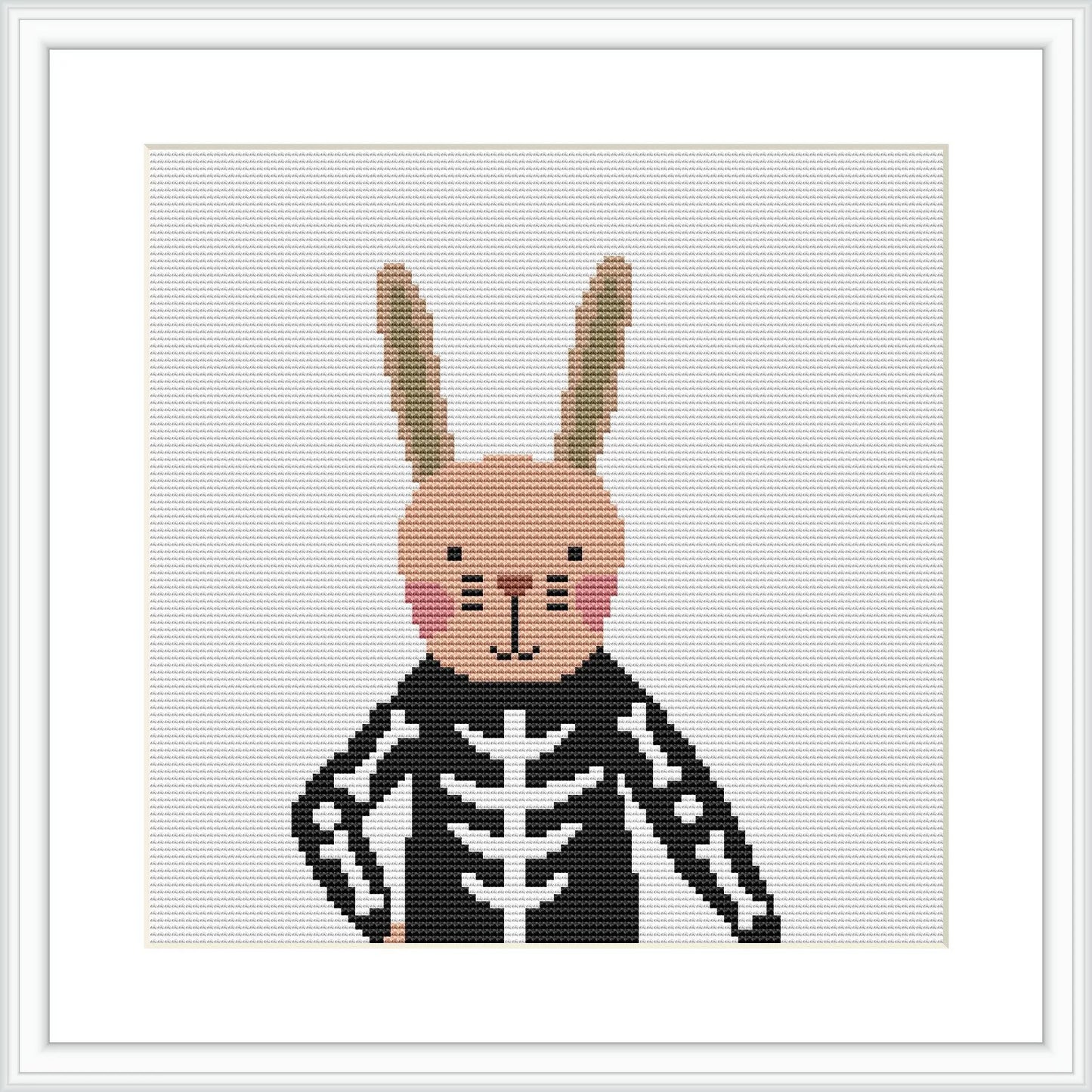 The image shows a cross stitch pattern featuring a humanlike bunny character wearing a skeleton costume, framed within a simple white border.