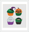 The image displays four muffins in a row, each decorated with Halloween themes: a witch hat, a carved pumpkin, a ghostly face, and a Frankenstein monster design. They are portrayed against a white background.