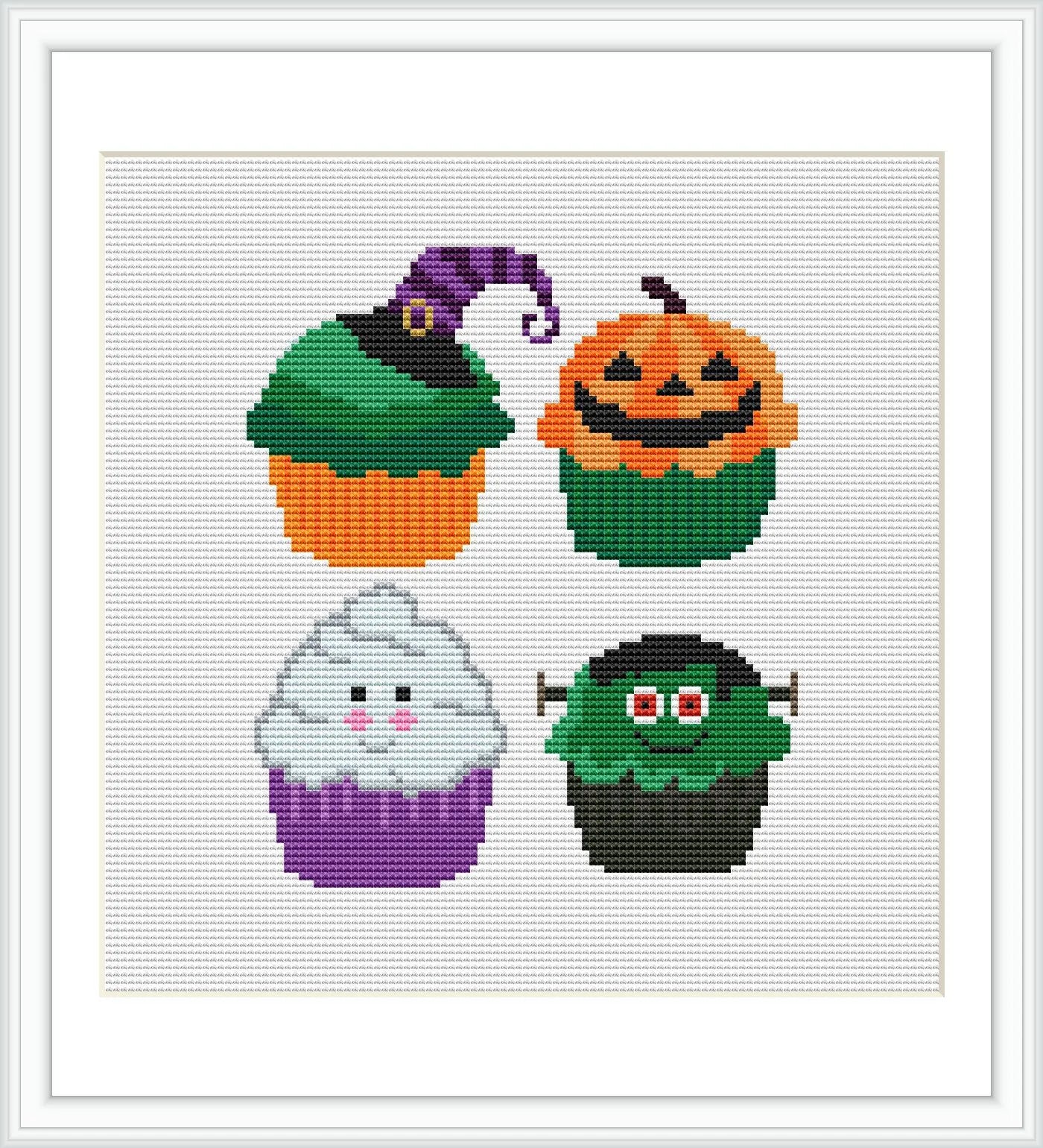 The image displays four muffins in a row, each decorated with Halloween themes: a witch hat, a carved pumpkin, a ghostly face, and a Frankenstein monster design. They are portrayed against a white background.