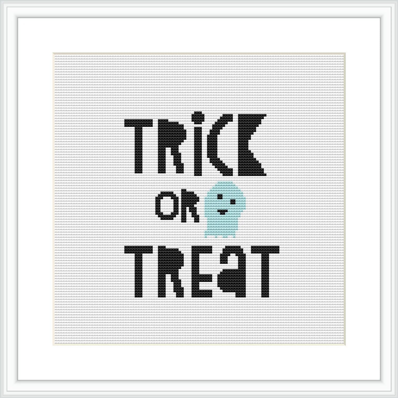 The image presents a framed cross stitch pattern featuring the words 'TRICK OR TREAT' in bold, black letters, above a cute aqua-colored ghost. The background is white and the design is centered within the frame.